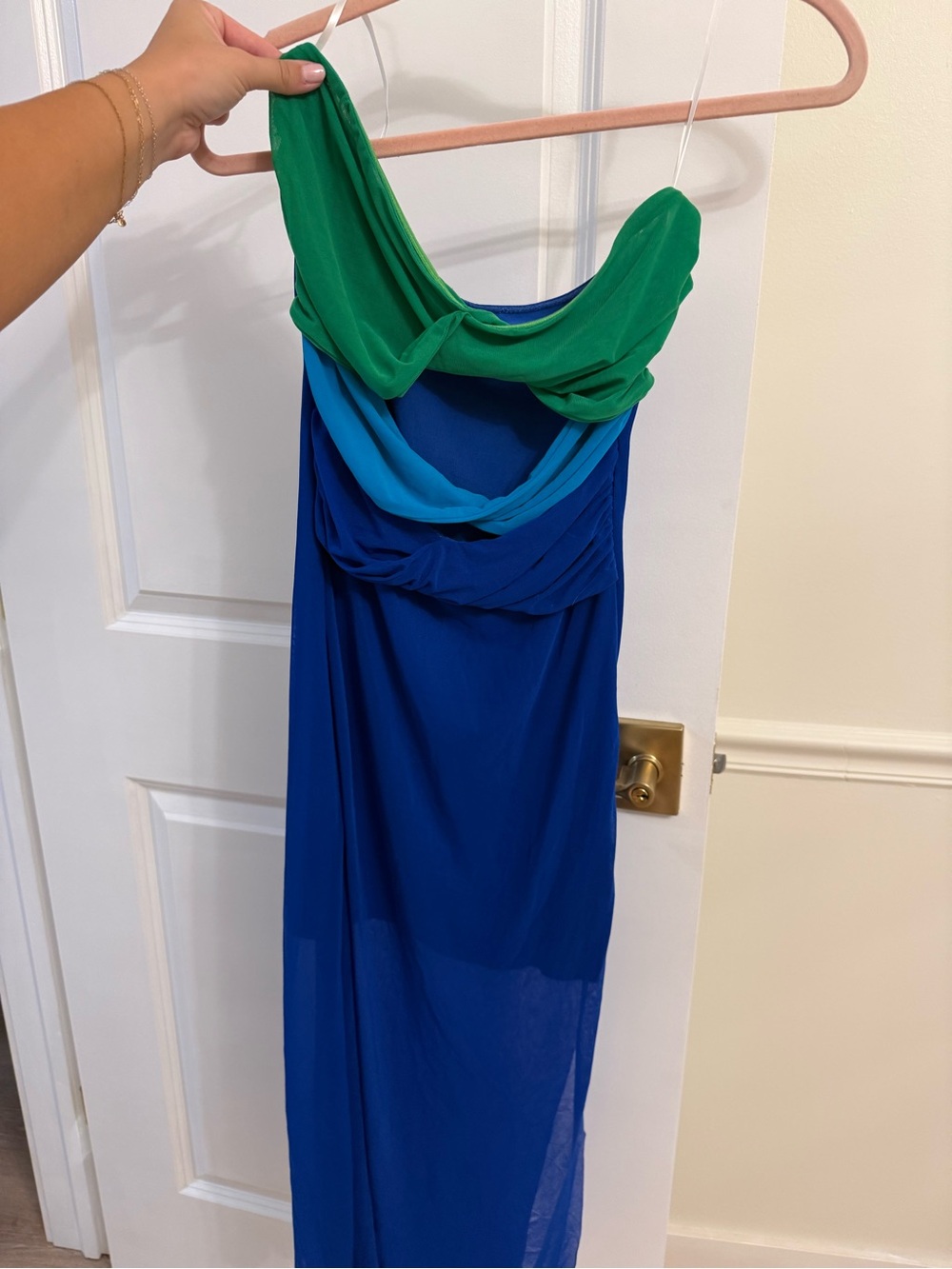 SHEIN Blue Strapless Midi Dress with Green & Teal Draping
